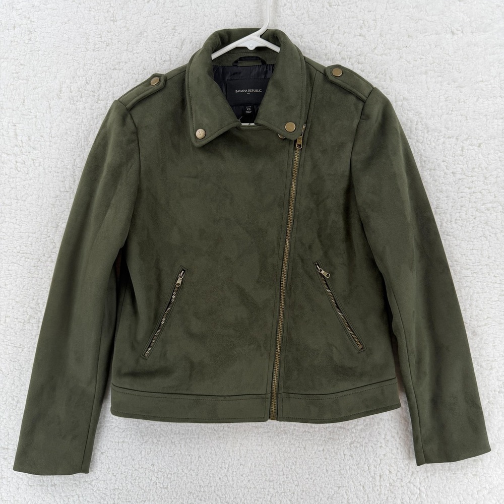 Banana Republic Jacket Womens‎ Petite XS Green Moto Asymmetrical Zip Faux Suede